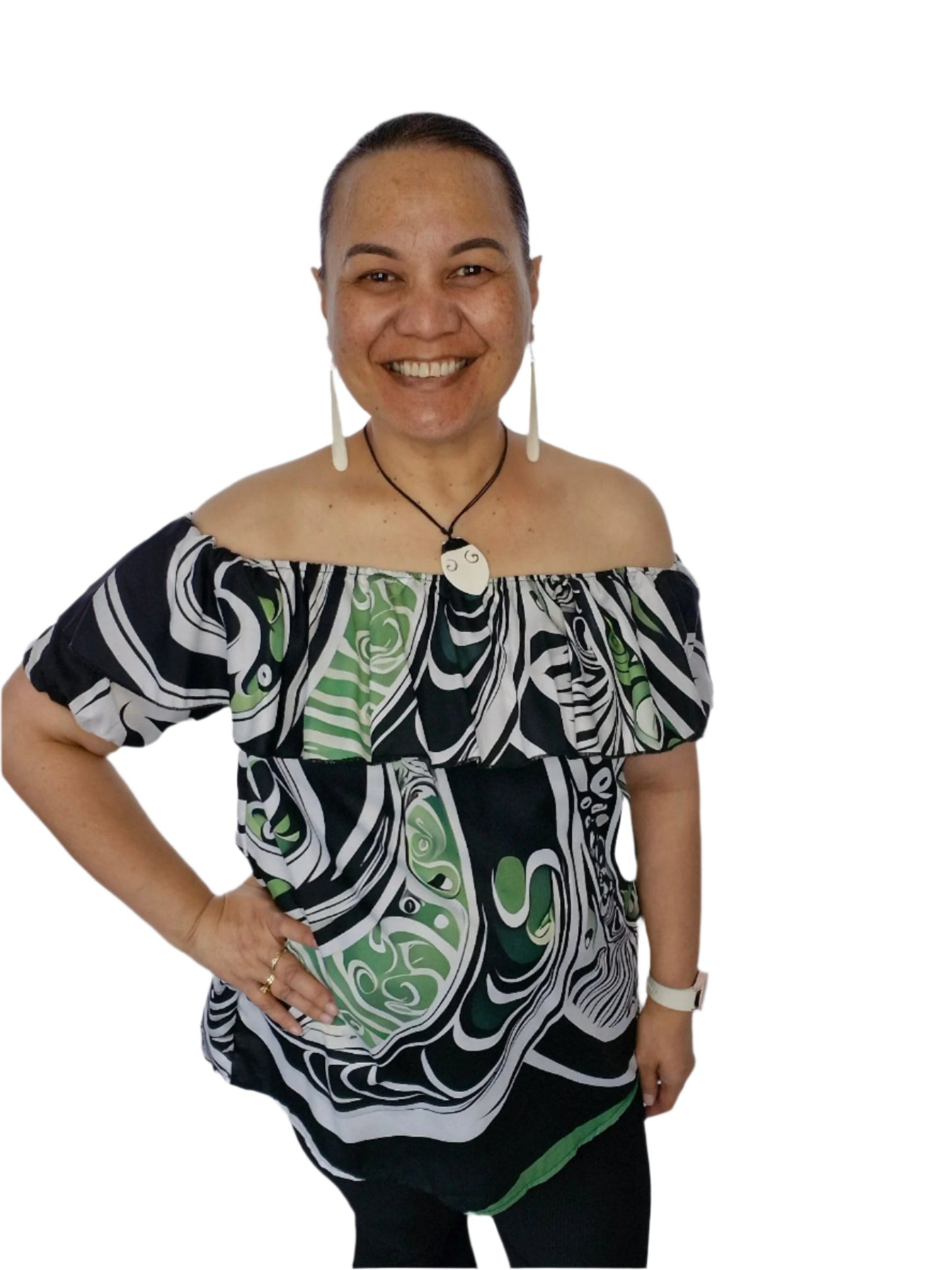 Māia Koru Blouse featuring Māori-inspired design with flowing koru patterns