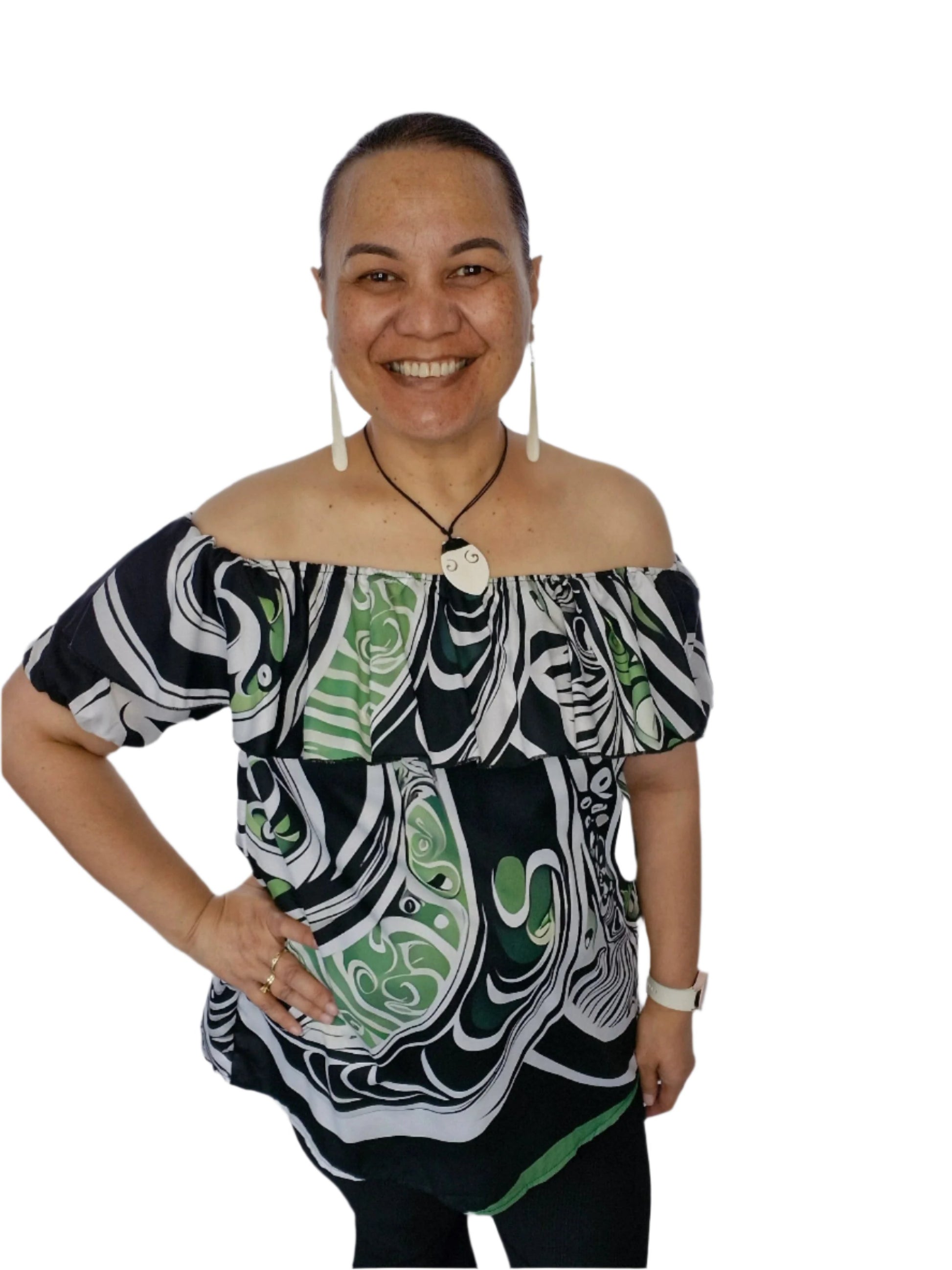 Māia Koru Blouse featuring Māori-inspired design with flowing koru patterns