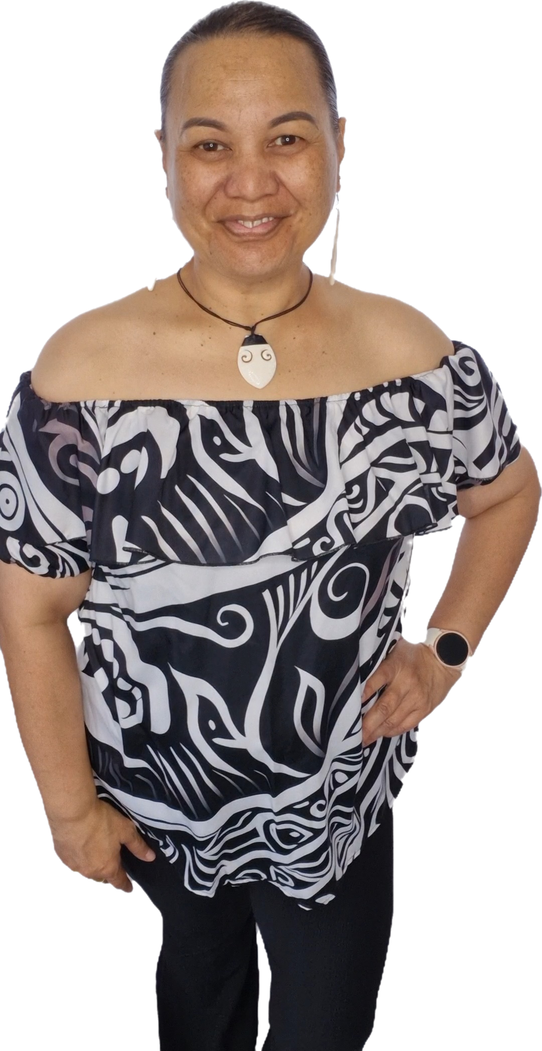 Māia Koru Blouse featuring Māori-inspired design with flowing koru patterns