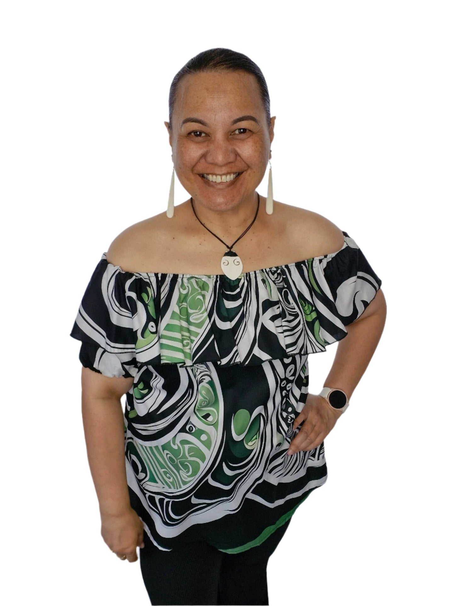 Maia Koru Blouse featuring Māori-inspired design with flowing koru patterns