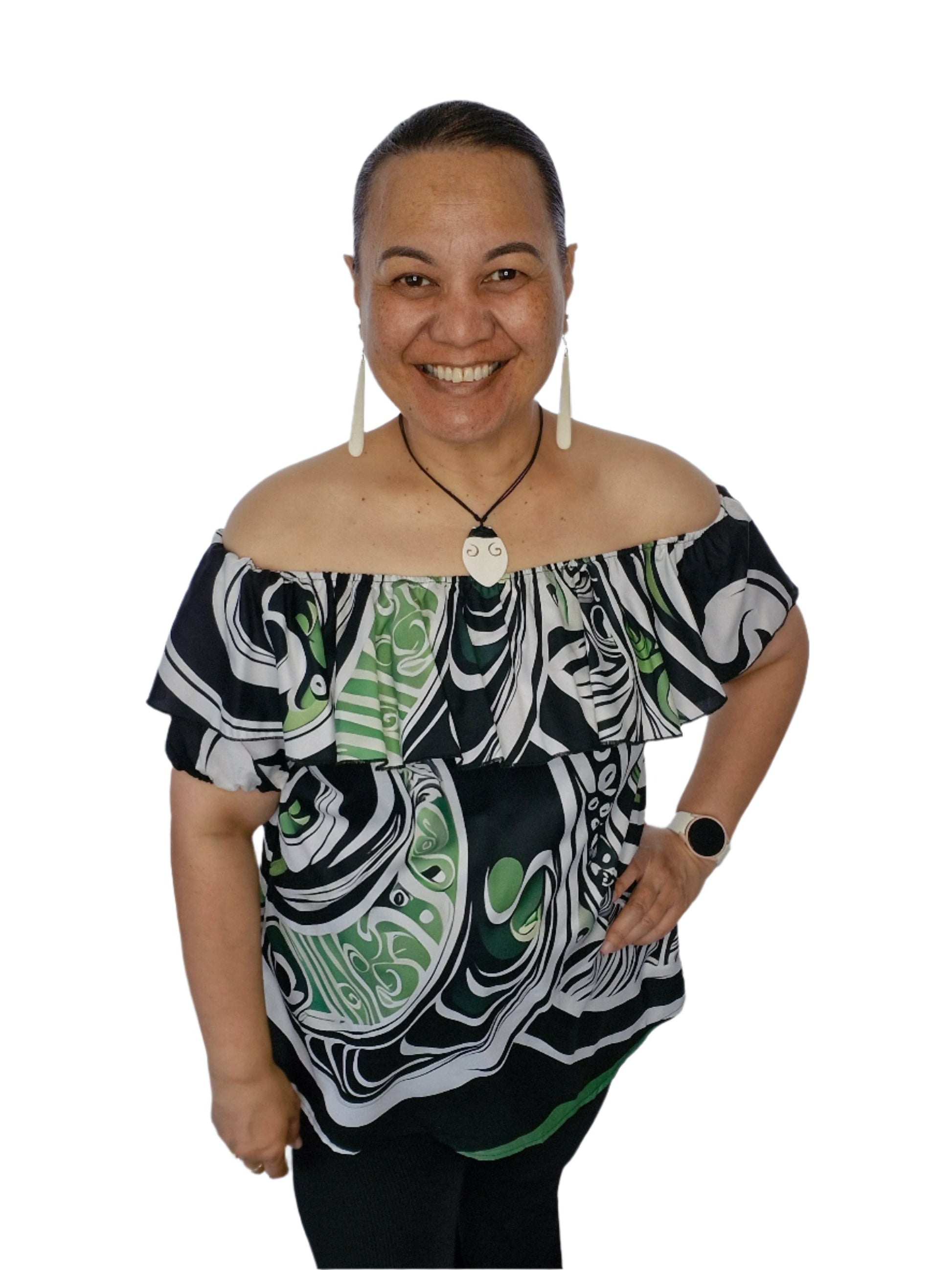 Maia Koru Blouse featuring Māori-inspired design with flowing koru patterns