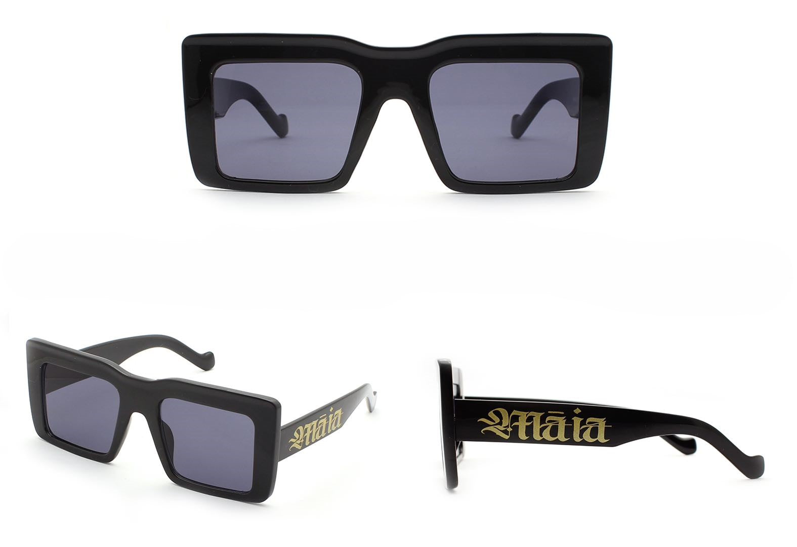 Māia Square Sunglasses with oversized frames and Māori design branding
