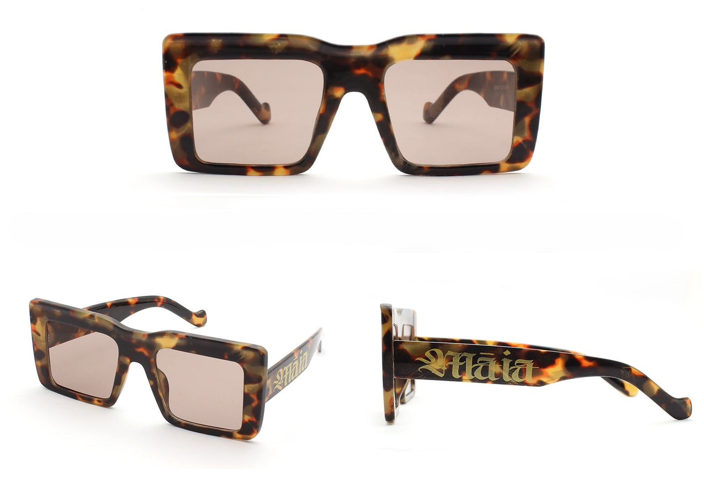Māia Square Sunglasses with oversized frames and Māori design branding