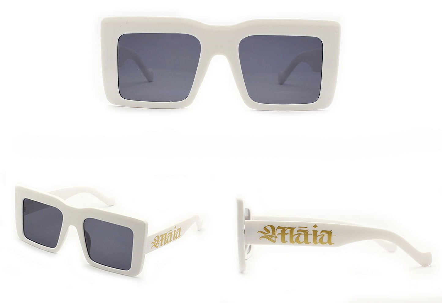 Māia Square Sunglasses with oversized frames and Māori design branding